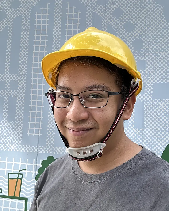 Jeremy Ko wearing a hard hat during the Temasek Shophouse site works